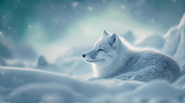 Snow fox still movement under snowing sky