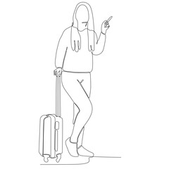 One line drawing of a young woman with a suitcase at the airport. Happy young man arrives from trip. Airport activity concept. Continuous line draw graphic design vector illustration