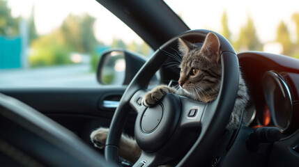 Portrait of a cat driving a car. AI Generative
