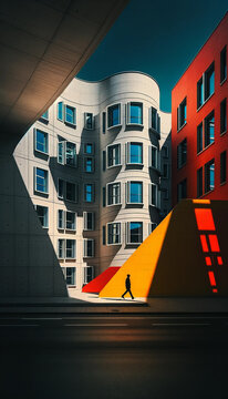 Contrast between modern urban architecture and the play of light and shadow in an urban environment