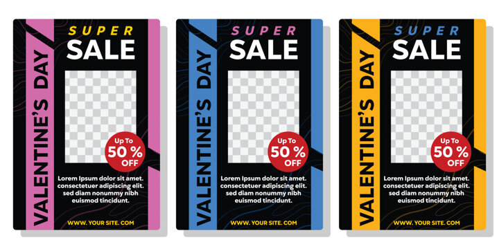 Valentines Day 14 february 2024. Collection Valentine Sales Promotion with 50% discount. Posters, social media posts, banners, cards and more. With a unique concept and modern. White background