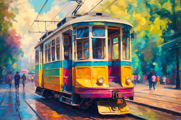 digital illustration of a colorful tram in impressionist oil painting style