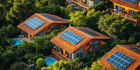 Obraz premium Sustainable Oasis: Aerial View of Modern Residential Area with Solar Panels, Pool, and Sunny Summer Bliss, Generative AI