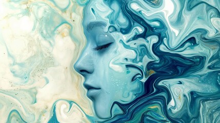 Artistic image blending a woman's profile with swirling marbled patterns in blue and cream tones - Powered by Adobe