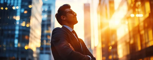 Fotobehang Happy wealthy rich successful indian business man standing in big city modern skyscrapers street on sunset thinking of successful future vision © Andrey