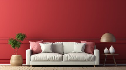 Mockup red living room interior with sofa table lamp and copy space.3d rendering