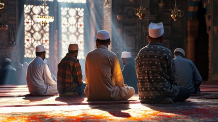 A group of Muslims are praying in congregation with takbir poses in the mosque - obrazy, fototapety, plakaty
