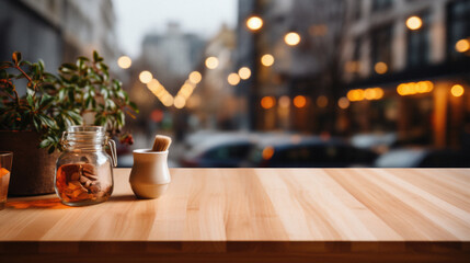 Wooden kitchen home table bokeh background, empty wood desk tabletop food counter surface product display mockup with blurry cafe abstract backdrop advertising presentation. Mock up, copy space. - obrazy, fototapety, plakaty