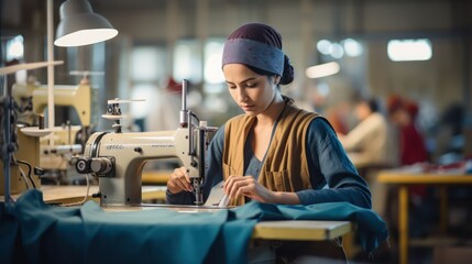 asian indian seamstress with headscarf in textile factory sewing with industrial sewing machines