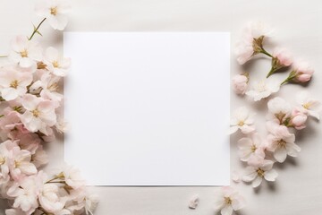 Naklejka na ściany i meble blank piece of paper on the table with pastel color spring cherry blossom flowers mockup