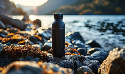 Matte Black Reusable Thermo Water Bottle on a Rocky Shore, Sustainable Drinkware in an Outdoor Lake Setting, Eco-Friendly Concept - obrazy, fototapety, plakaty