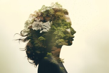 double exposure candid photo of a beautiful woman head and face  closeup in harmony with nature and green plants and flowers. Summer. Environment, global warming, climate change, no planet b concept.