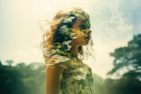 double exposure candid photo of a pretty little girl in harmony with nature and green plants and flowers. Summer. Environment, global warming, climate change, no planet b concept.