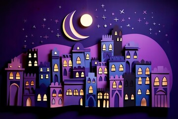 Paper quilling City night Landscape, purple Town Scene, Paper Art,  Wallpaper Background, AI generated