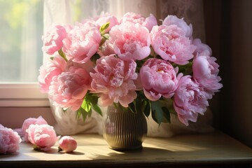 beautiful pink peony flowers bouquet on the window of rustic home in the morning light