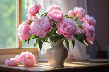 Obraz na płótnie Canvas beautiful pink peony flowers bouquet on the window of rustic home in the morning light