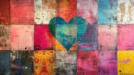 Foto op Aluminium Generative AI, vintage grunge colorful and pink collage background with hearts. Valentine's Day concept. Different textures and shapes  © DELstudio