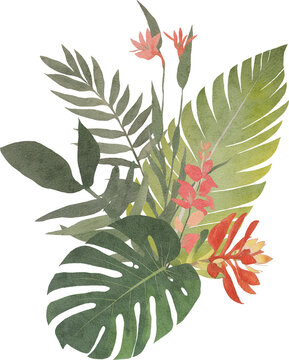 Tropical leaves bouquet watercolor created with Generative AI technology
