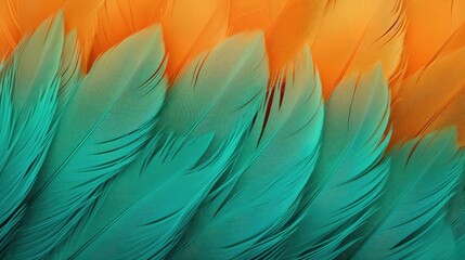 Beautiful green color trends feather texture background with orange light - obrazy, fototapety, plakaty