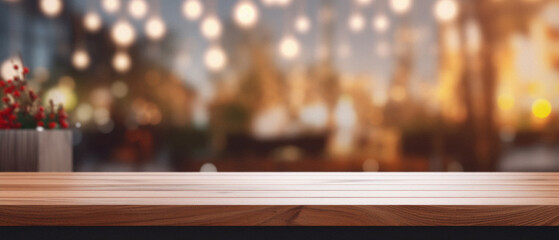 Wooden home table bokeh background, empty wood desk cafe tabletop surface product display mockup with blurry living room or city abstract backdrop advertising presentation. Mock up, copy space.
