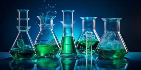 Glass flask with same colors liquids  in research chemistry science A chemistry lab with glass flasks and bright blue background Ai Generative