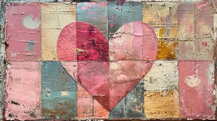 Generative AI, vintage grunge colorful and pink collage background with hearts. Valentine's Day concept. Different textures and shapes

