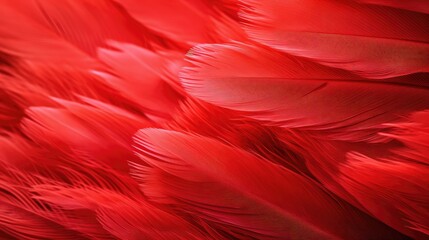 Bright red feather. Abstract textured background from bird plumage. Cabaret, holiday. Banner. Close-up - obrazy, fototapety, plakaty
