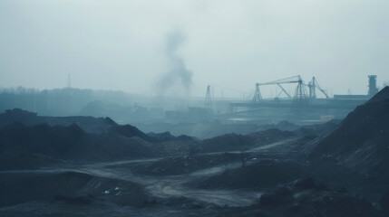 Coal mining industrial landscape. Heavy pollution, smoke, dust, ruined ecosystem. Generative AI - obrazy, fototapety, plakaty