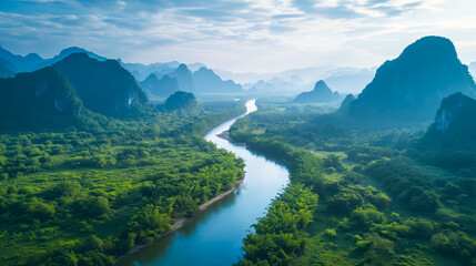 Fototapeta na wymiar Serene Dawn at a River Through Tropical Mountains
