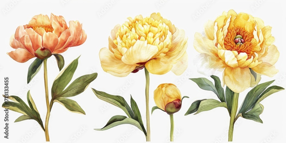 Poster a vibrant painting depicting three yellow and orange flowers. perfect for adding a touch of color an