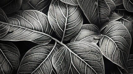 Close-up of leaves with intricate veins and patterns, black and white, showcasing nature's detailed artistr