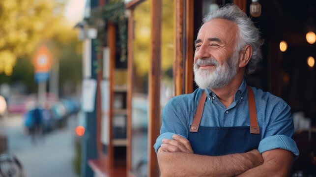 Happy smiling confident european middle aged older adult man small local business owner standing outside own cafe looking away and dreaming