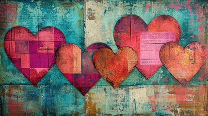 Generative AI, vintage grunge colorful and pink collage background with hearts. Valentine's Day concept. Different textures and shapes
 - obrazy, fototapety, plakaty