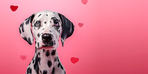 portrait of a dog. dalmatian dog on a Pink Love Background: Valentine's Day, Romance, and Love Concept. Generative Ai  - obrazy, fototapety, plakaty