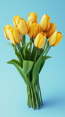Minimal stylized simple cute beautiful trendy bouquet of spring yellow tulips. International Women's Day, Valentine's Day. Gift of flowers. Concept online flower delivery. 3d render on blue backdrop