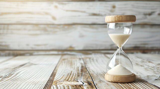 Hourglass on a white wooden background