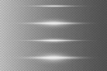 Poster Set of white horizontal highlights. Laser beams of light. The effect of flickering light flashes. On a transparent background. © DENYS