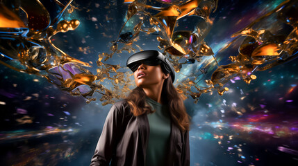 Woman experiencing a mesmerizing virtual reality cosmos