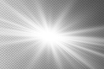 Flash light effect. White light rays and glare of a star. On a transparent background.