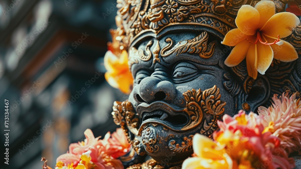 Poster A close-up view of a statue adorned with beautiful flowers. Perfect for adding an elegant touch to any project or design