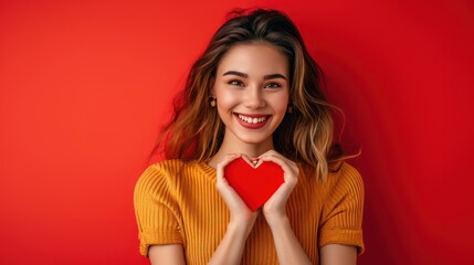 Portrait of attractive cheerful girl showing heart sign romance isolated over vibrant red color background