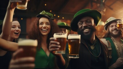 Portrait of diverse group of happy friends celebrating st patrick's day holding beers and waving