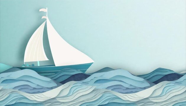 White paper boats on blue waves paper background animation with copy space.