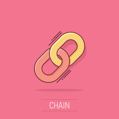 Chain sign icon in comic style. Link vector cartoon illustration on white isolated background. Hyperlink business concept splash effect.