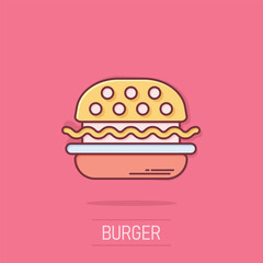 Burger sign icon in comic style. Hamburger vector cartoon illustration on white isolated background. Cheeseburger business concept splash effect.