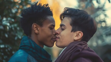 Romantic and cheerful young gay and multiracial couple about to kiss