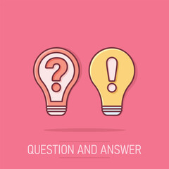 Fototapeta premium Problem solution icon in comic style. Light bulb idea vector cartoon illustration on isolated background. Question and answer business concept.