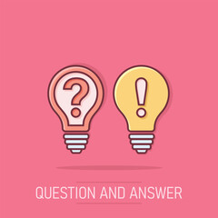 Problem solution icon in comic style. Light bulb idea vector cartoon illustration on isolated background. Question and answer business concept.