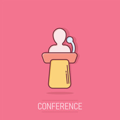 Public speach icon in comic style. Podium conference vector cartoon illustration on isolated background. Tribune debate business concept splash effect.