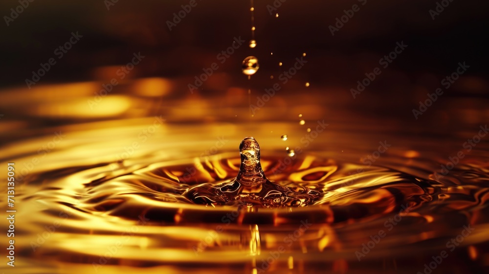 Poster a single drop of water is captured mid-air as it falls into a mesmerizing golden liquid. this image 